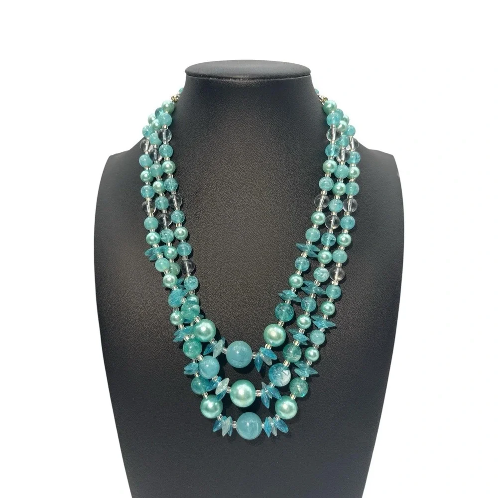 Vintage Signed Japan Aqua Blue Clear Beads Three Strand Necklace‎